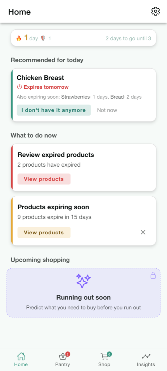 Pantrymind home screen showing today's expiring products and recommended actions